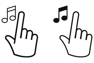 Two outlined hands point to musical notes in black on a white background
