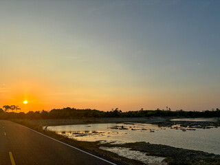 Tranquil View of Talay Prong Lake at Dusk in the Countryside of Nakhon Si Thammarat, Thailand