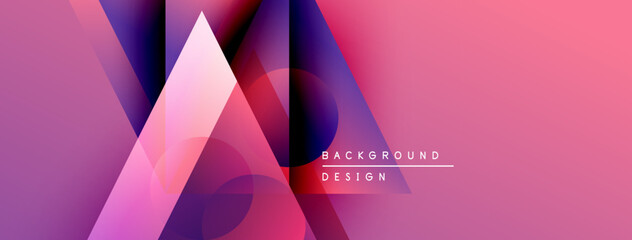 Abstract geometric shapes, pink purple gradient. Modern design elements create dynamic visual impact. Background suggests innovation, technology.