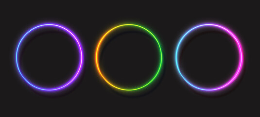 Collection of glowing neon circles on dark background. Round backdrop. Futuristic style sci-fi elements.