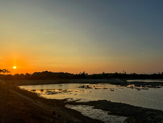 Tranquil View of Talay Prong Lake at Dusk in the Countryside of Nakhon Si Thammarat, Thailand