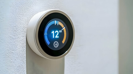 Modern Round Thermostat Displaying 12 Degrees On White Wall
