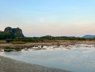 Tranquil View of Talay Prong Lake at Dusk in the Countryside of Nakhon Si Thammarat, Thailand