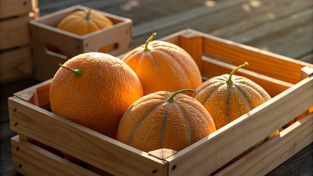 Shiny orange Yubari melons on Japanese wooden crate