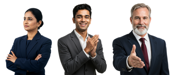 Diverse group of business professionals. Indian woman with arms crossed, young Indian man clapping, and senior Caucasian man offering handshake. Isolated on transparent background.