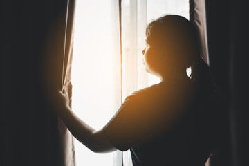 people and hope concept. happy woman opening window curtains. Hands, palms of person for support, giving and hope. hand gesture for kindness with help, community, gratitude or cupping for thank you.