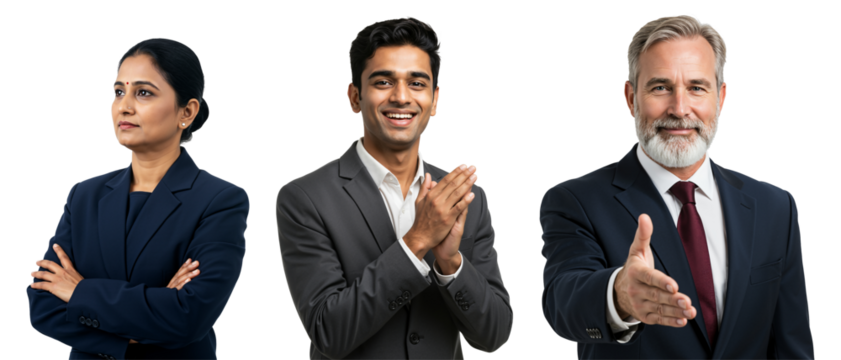 Diverse group of business professionals. Indian woman with arms crossed, young Indian man clapping, and senior Caucasian man offering handshake. Isolated on transparent background.
