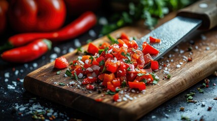 Slicing chili peppers on kitchen counter, food photography