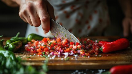 Slicing chili peppers on kitchen counter, food photography