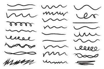 Pen brush marker scrawls, crayon scribbles, rough brush charcoal pen strokes, underlines strikethroughs. Underline typography scribbles, crosses, curves. Vector  illustration. Variety Design. Eps 10.