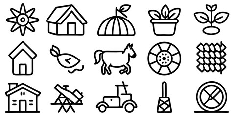 Eco Farm and Sustainable Agriculture Line Icon Set – Vector Pictograms with Transparent Background

