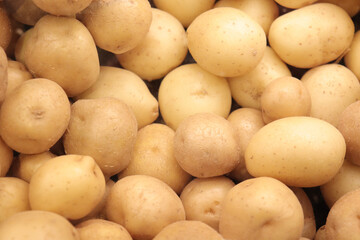 A close up of little potatoes. Vegetables and the cost of grocery. Sweet potatoes. Health and food. Balanced meal and nutrition.