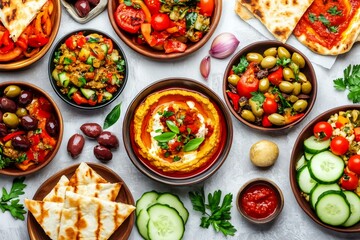 Colorful Mediterranean Cuisine Spread with Fresh Ingredients and Dips