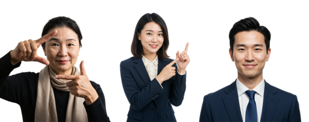 Set of Diverse Asian Professionals: Mature Woman with Framing Hands, Young Businesswoman Pointing, and Confident Businessman Smiling on transparent background.