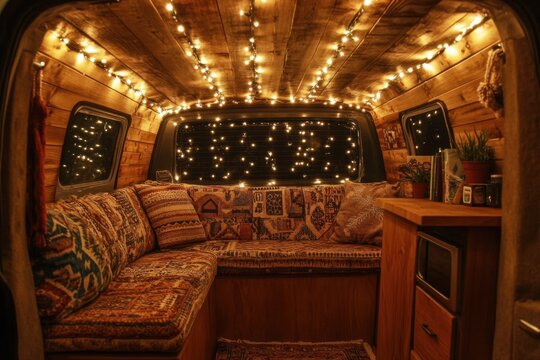 Cozy interior of a camper van decorated with fairy lights.