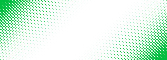 Slash green halftone gradient texture. Fading cartoon polka dot background. Dotted corner gradation pattern. Fading comic pop art overlay backdrop. Vector slant frame halfton patern effect wallpaper