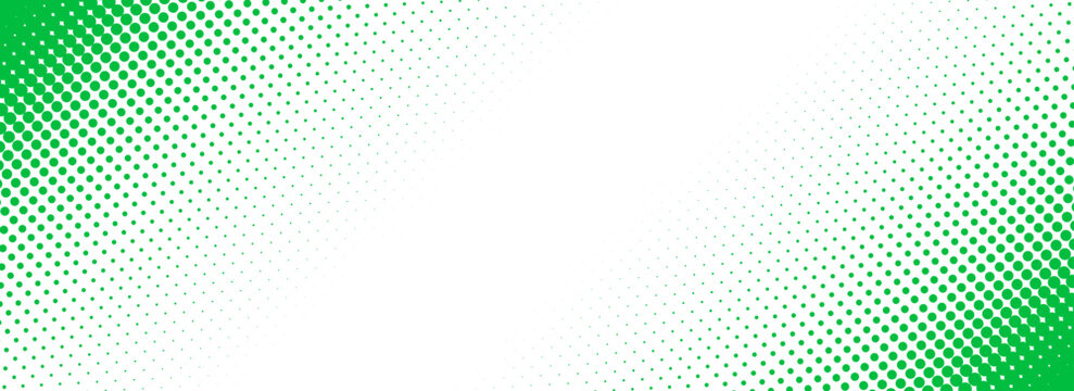 Slash green halftone gradient texture. Fading cartoon polka dot background. Dotted corner gradation pattern. Fading comic pop art overlay backdrop. Vector slant frame halfton patern effect wallpaper