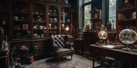Dark study with antique furnishings and curiosities.