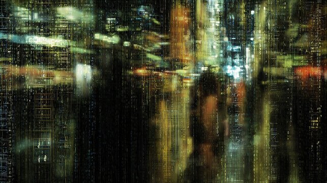 Digital rain abstract cityscape blurred lights