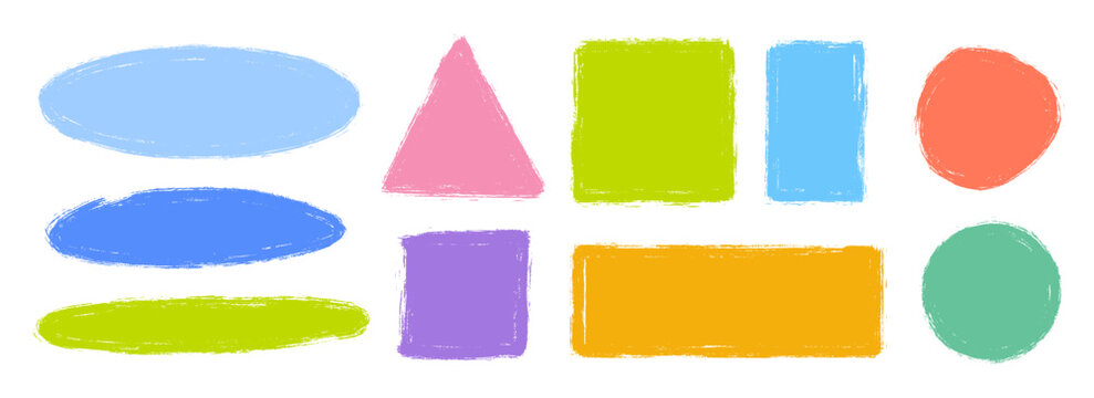 Childish colorful crayon text box set. Cute hand drawn sticker shape collection. Rough edge geometric patch pack. Playful doodled borders and frames. Vector bright painted elements for collage, banner