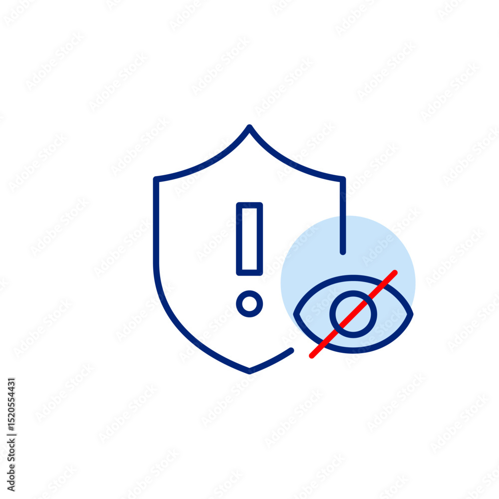 Poster vector icon of security shield with exclamation mark and crossed-out eye, symbolizing security warni