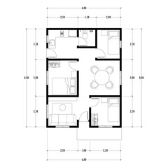 Black and White floor plan of a modern unfurnished house for your design. Suburban house blueprint. Architectural background.