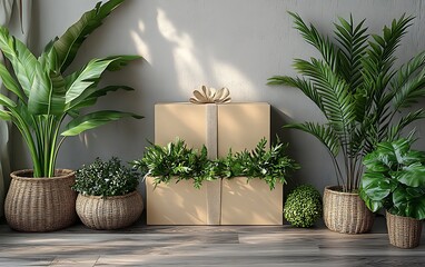 Gift box mockup with greenery and potted plants in woven baskets

