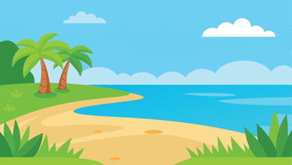 Fototapeta na wymiar Tranquil Cartoon Seaside Grass Zone with Ocean View Vector illustration Background