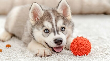 Fototapeta premium Adorable husky puppy playfully chewing on a bright red rubber ball or toy in a cozy indoor setting