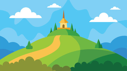 Naklejka premium Scenic Cartoon Rocky Hilltop View Landscape Vector illustration Background