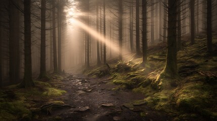 Ethereal light through the forest path