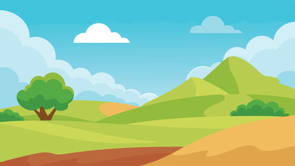 Fototapeta premium Wide Cartoon Open Land Under a Sky with Soft Clouds Vector illustration Background
