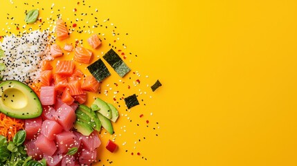 A colorful and visually appealing arrangement of fresh poke bowl ingredients including tuna avocado vegetables and other marine superfoods presented against a bright and minimalist yellow backdrop