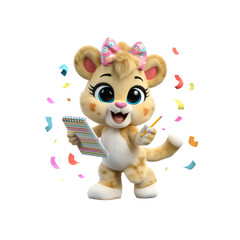 Adorable Animated Cub Holding Notepad and Pencil Surrounded by Confetti