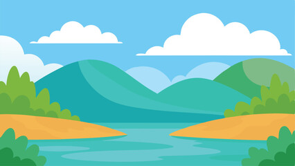Obraz premium Peaceful Cartoon Lake View Under Soft White Clouds Vector illustration Background