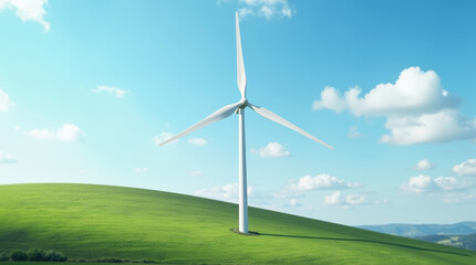 Fototapeta premium Solitary white wind turbine with a long shadow stretching across a vivid green field. Renewable energy concept