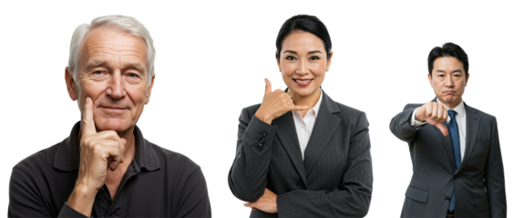 Diverse set of portraits showing varied emotions and gestures. Thoughtful senior Caucasian man, Asian businesswoman with call me sign, and Asian businessman giving thumbs down.