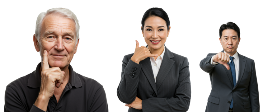 Diverse set of portraits showing varied emotions and gestures. Thoughtful senior Caucasian man, Asian businesswoman with call me sign, and Asian businessman giving thumbs down.