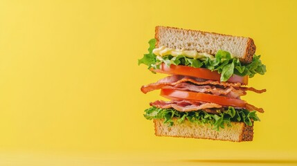 Closeup of a fresh and appetizing club sandwich featuring layers of bread lettuce tomato bacon and cheese against a vibrant yellow backdrop