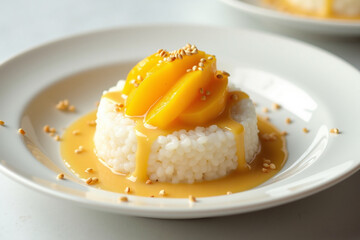 mango sticky rice in white plate