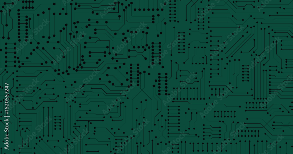 Poster thin circuit trace lines in black on a dark green technology background. abstract digital tech bg. e