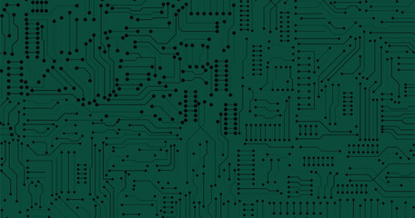 Thin circuit trace lines in black on a dark green technology background. Abstract digital tech bg. Electronics and computer technology concept. Chip and circuit board. Vector illustration. 