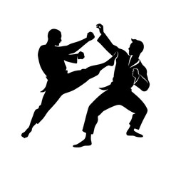 Silhouette of two martial artists engaged in a kickboxing match sparring