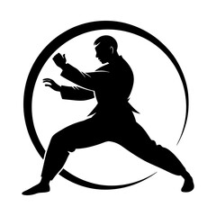 Silhouette of a man in a martial arts pose inside of a circular shape
