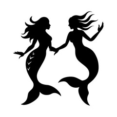 Silhouette illustration of two mermaids holding hands with flowing hair