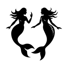 Silhouette illustration of two mermaids facing each other in black color