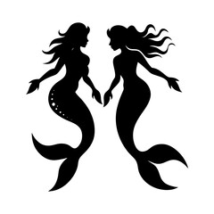 Two mermaid silhouettes facing each other with flowing hair and tails