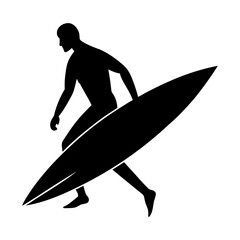 Silhouette of a surfer carrying a surfboard under his arm in black