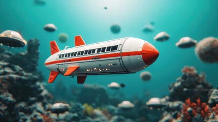 Naklejka premium A sleek modern airship navigating through a vibrant colorful underwater world filled with coral reefs and marine life