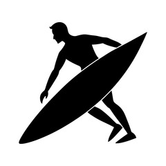 Silhouette of a surfer carrying a surfboard in a dynamic action pose
